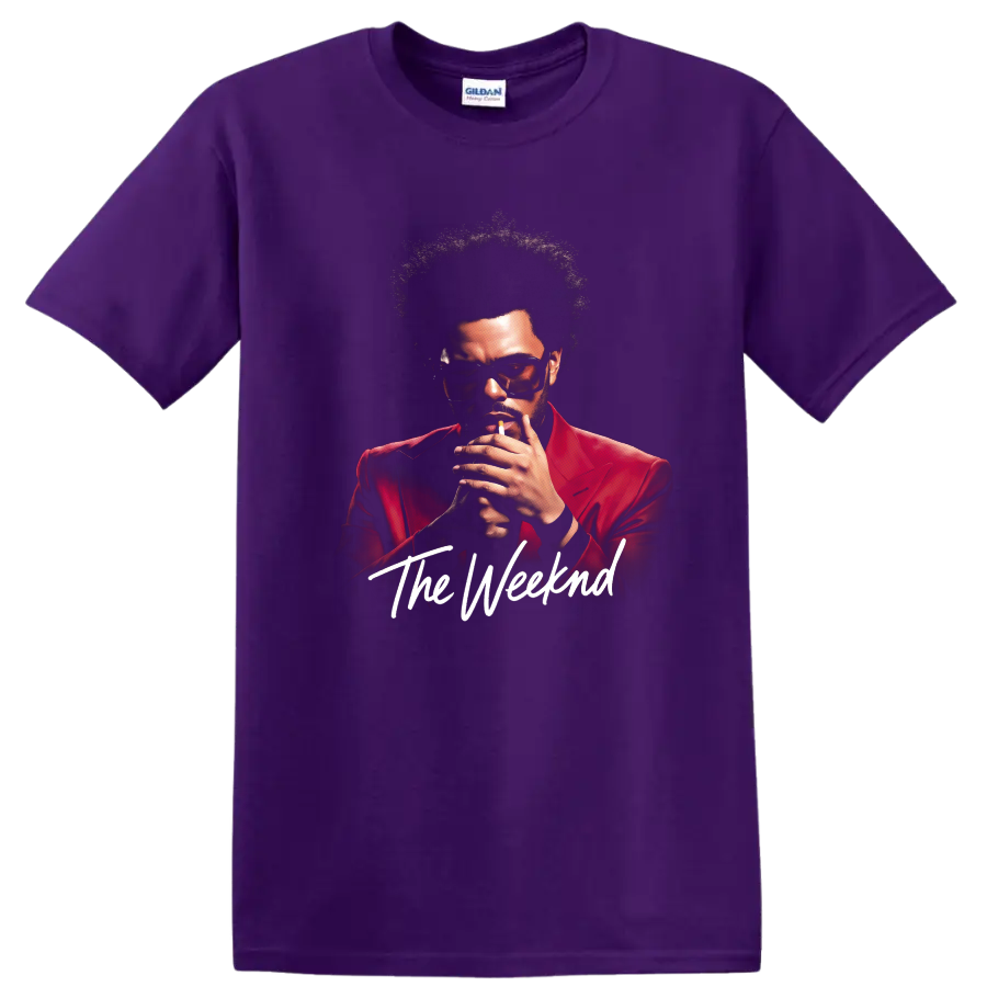 The Weeknd After Hours digital portrait in a red suit with script text on a Purple T Shirt