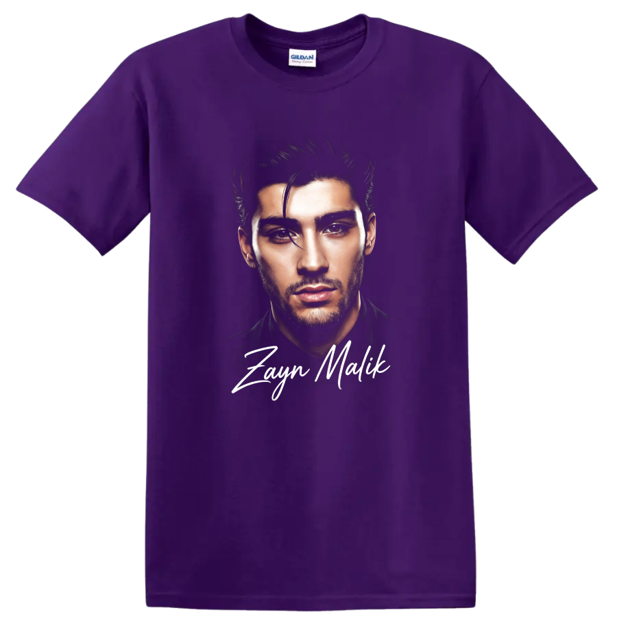 Watercolor-style Zayn Malik portrait with handwritten name lettering on a Purple T Shirt