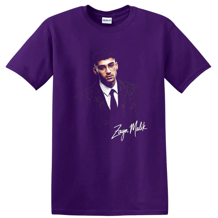 Zayn Malik portrait graphic print with signature text on a Purple T Shirt