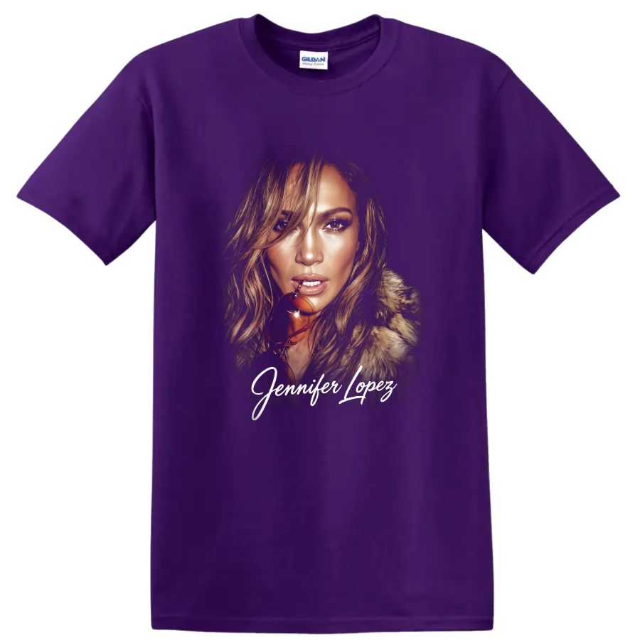 Jennifer Lopez stylized pop star portrait with signature script on a Purple T Shirt