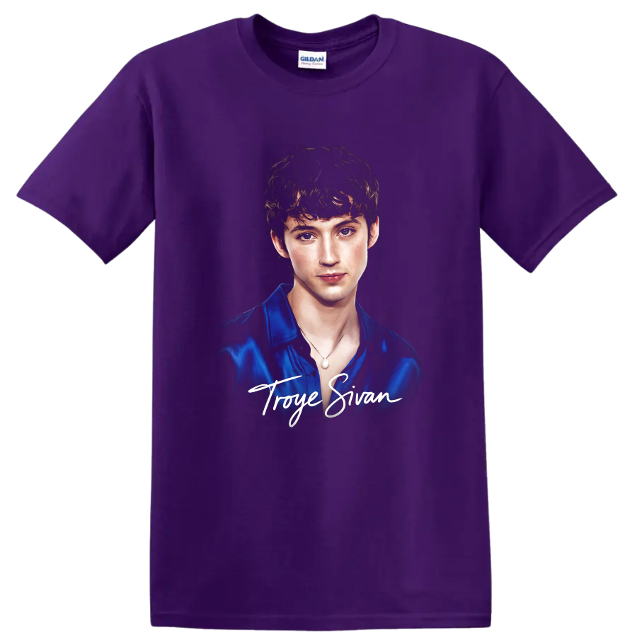 Troye Sivan portrait graphic with white script name lettering on a Purple T Shirt
