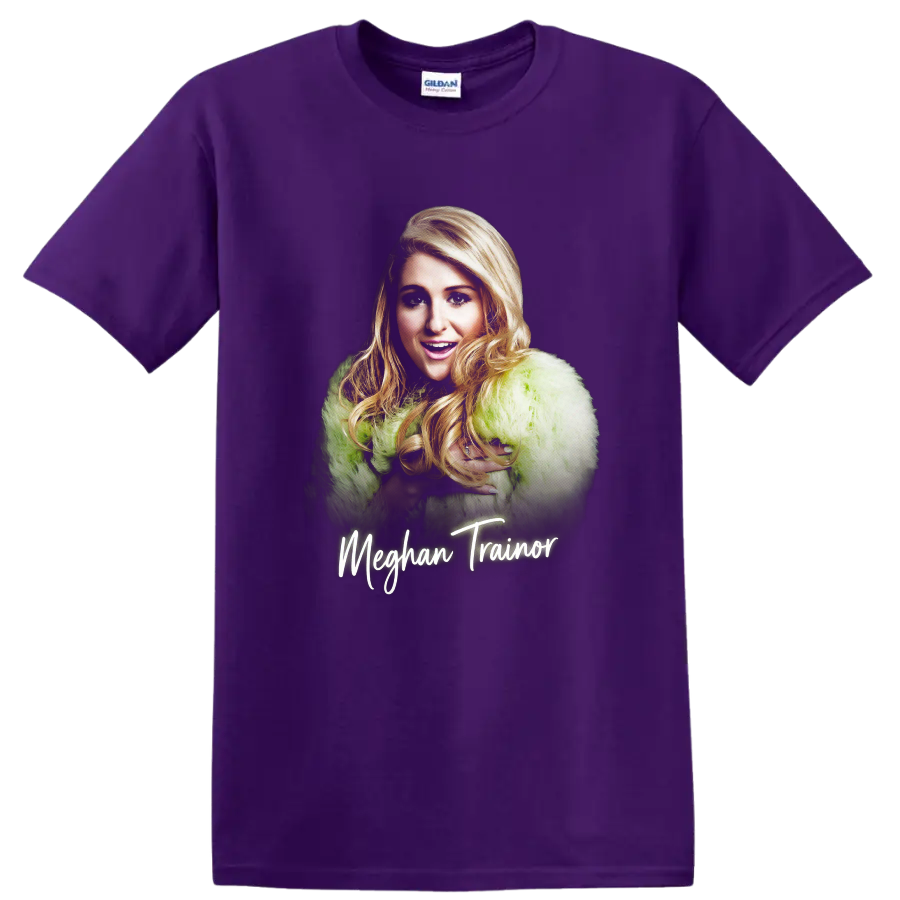 Meghan Trainor portrait graphic with lime green coat and script name on a Purple T Shirt