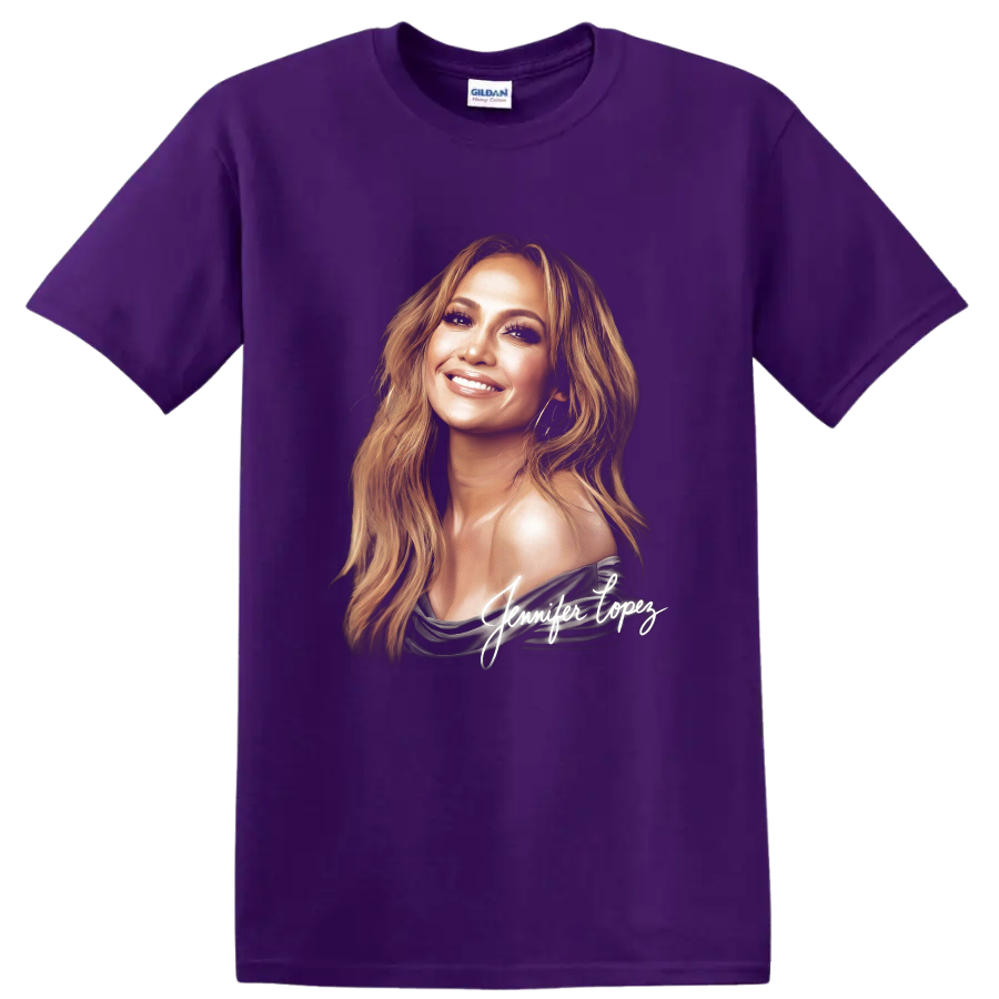 Jennifer Lopez stylized portrait with white signature artwork on a Purple T Shirt