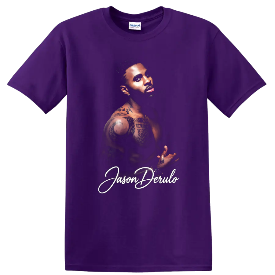 Jason Derulo tattooed portrait with white script lettering on a Purple T Shirt