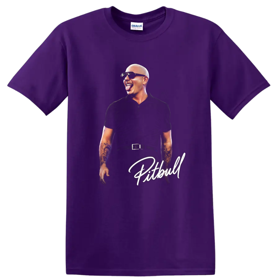 Pitbull portrait graphic with sunglasses, tattoos, and white script lettering on a Purple T Shirt