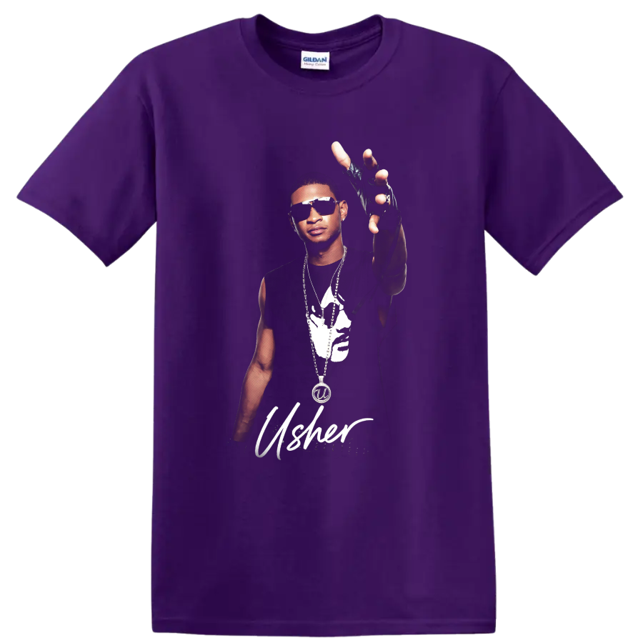 Usher portrait graphic with sunglasses, jewelry, raised gloved hand, and script on a Purple T Shirt