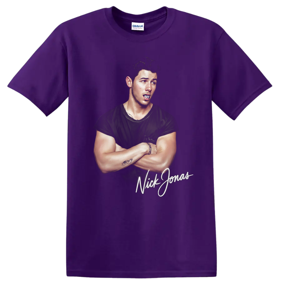 Nick Jonas illustrated portrait graphic print with script lettering on a Purple T Shirt