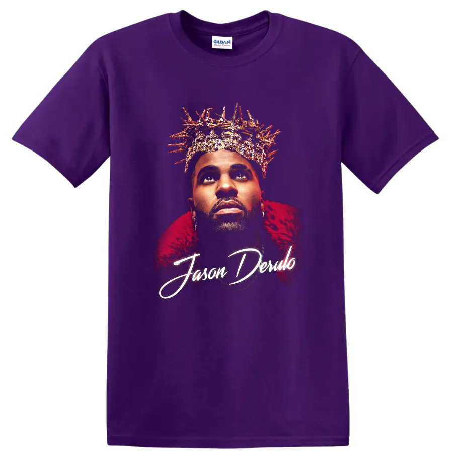 Jason Derulo crowned portrait with Nu King script graphic design on a Purple T Shirt