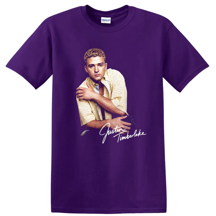 Justin Timberlake portrait graphic with white script lettering on a Purple T Shirt