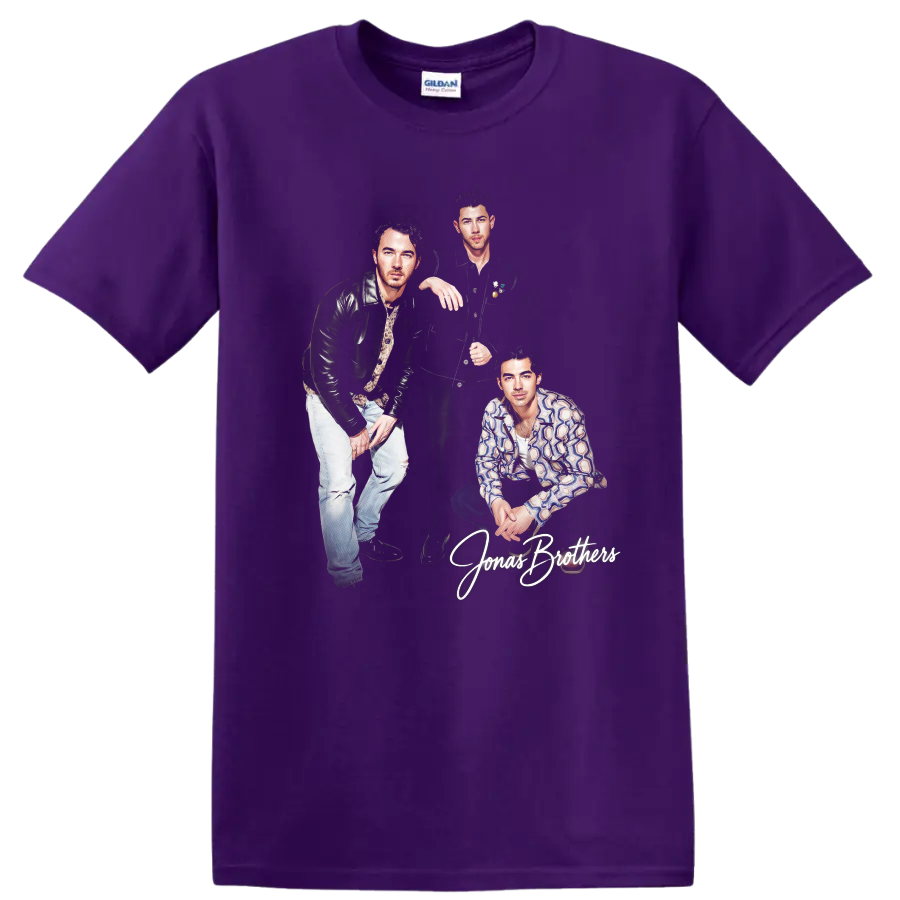 Nick Jonas and Jonas Brothers portrait graphic with script lettering on a Purple T Shirt