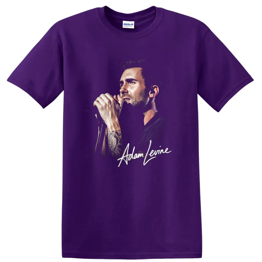 Adam Levine portrait singing into a microphone with signature graphic on a Purple T Shirt