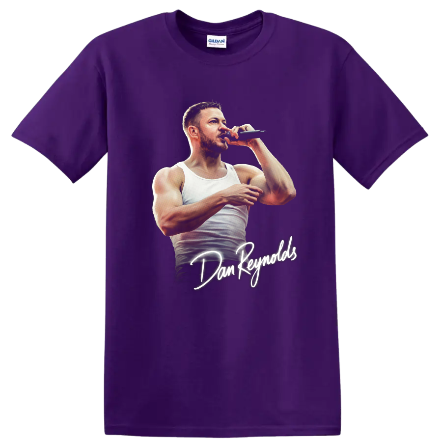 Dan Reynolds performing with microphone, illustrated portrait with handwritten name on a Purple T Shirt
