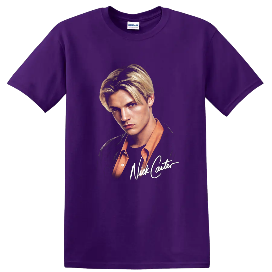 Nick Carter portrait with signature-style lettering on a Purple T Shirt