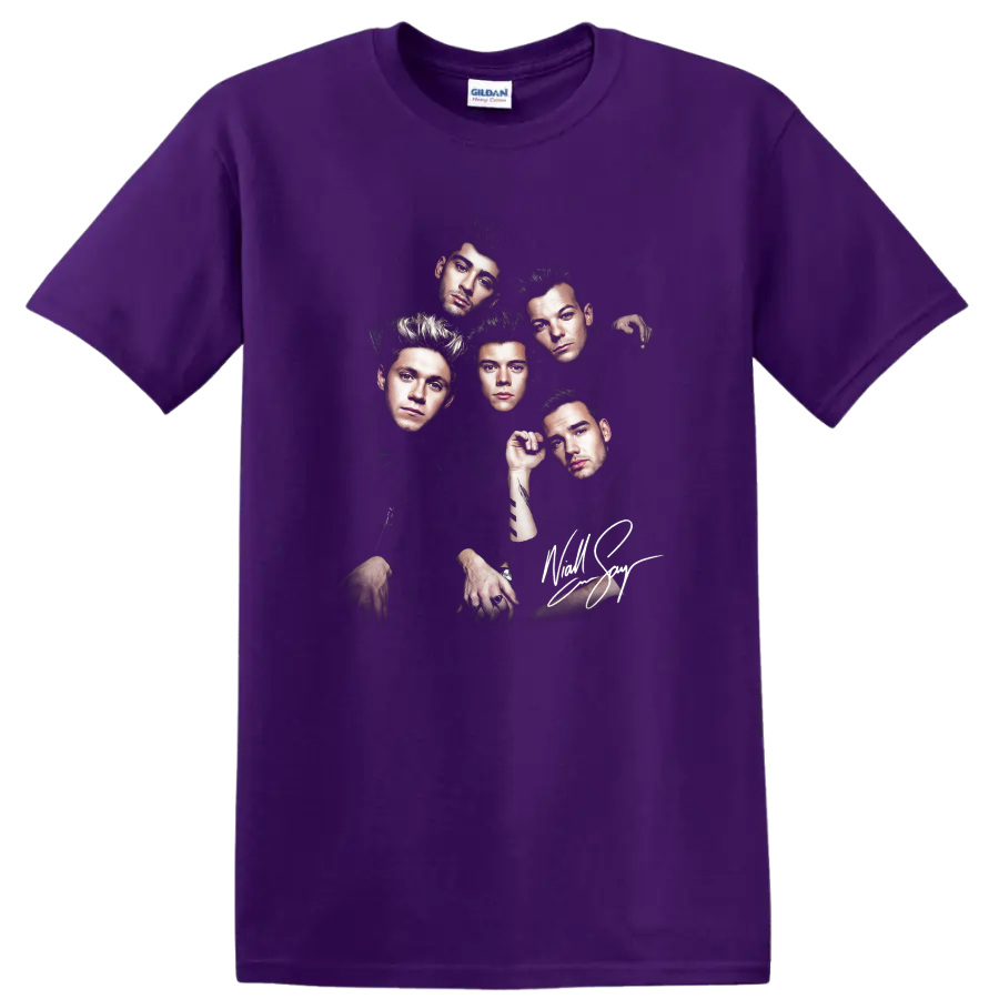 One Direction five-member band portrait with dramatic dark graphic design on a Purple T Shirt