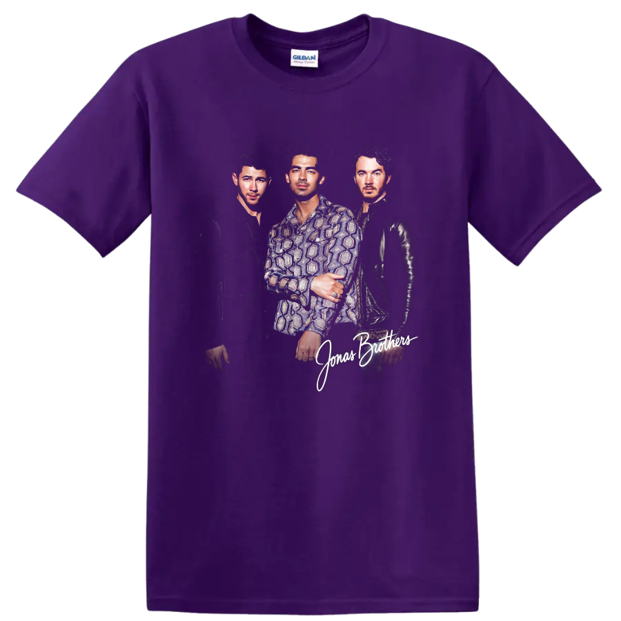 Jonas Brothers portrait graphic with Nick, Joe, and Kevin and script lettering on a Purple T Shirt