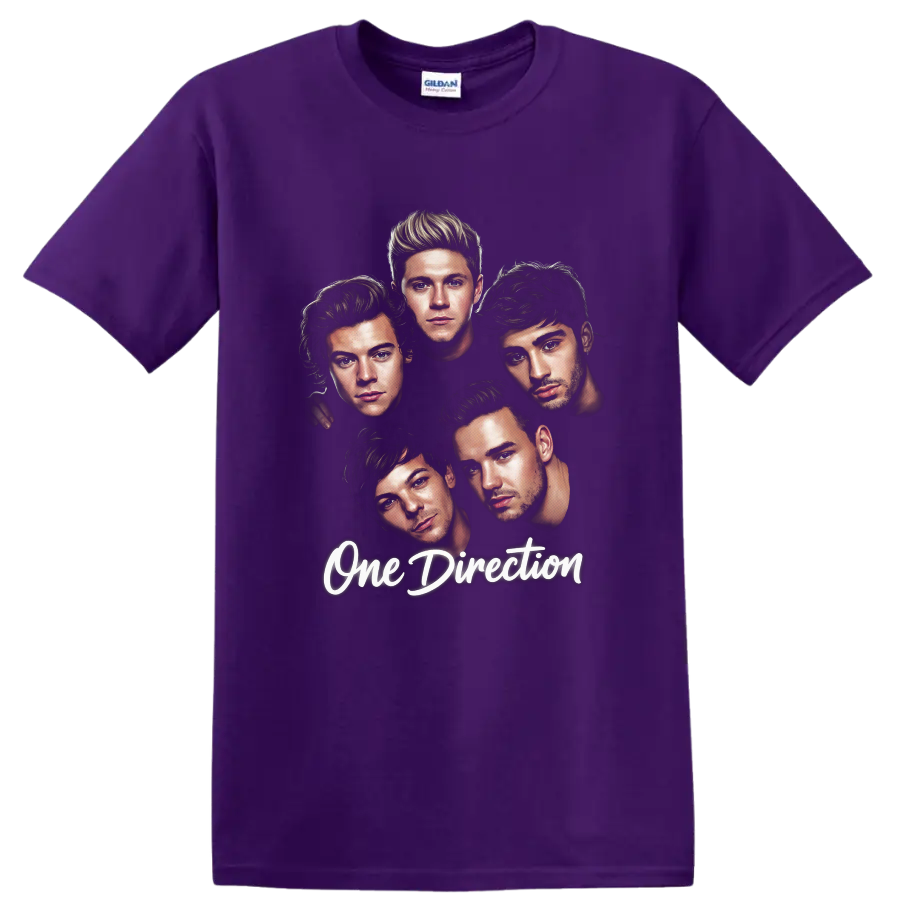 One Direction five-member illustrated fan art with script lettering on a Purple T Shirt