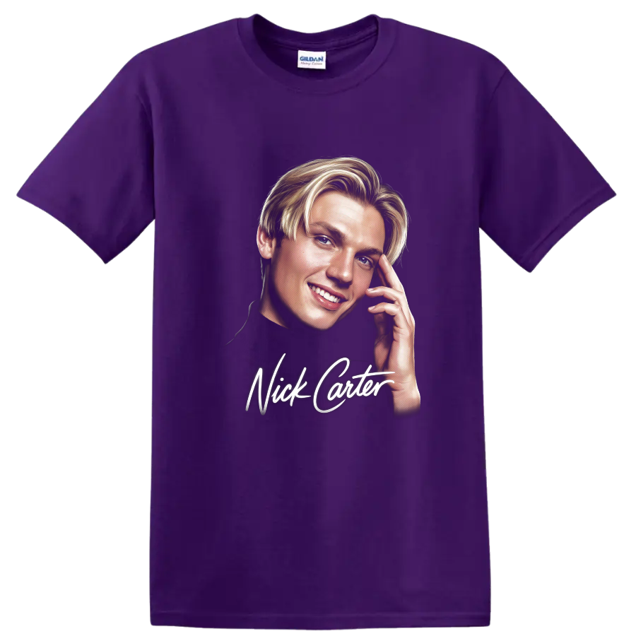 Nick Carter illustrated portrait with white script lettering on a Purple T Shirt