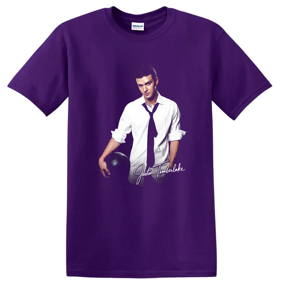 Justin Timberlake portrait in white shirt and black tie holding soccer ball on a Purple T Shirt