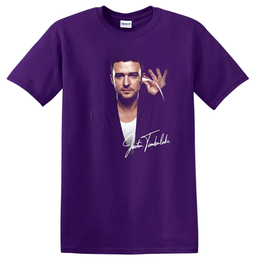 Justin Timberlake portrait graphic with signature and pinstripe jacket on a Purple T Shirt