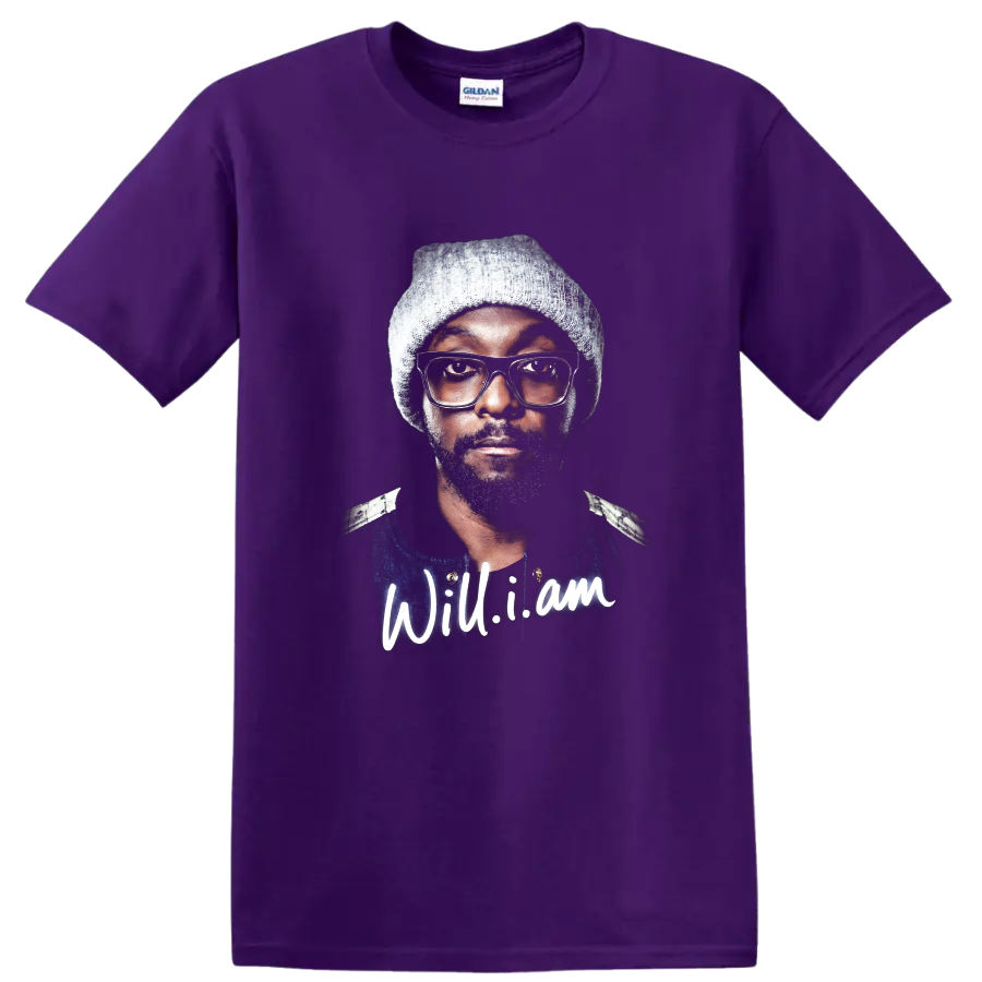 will.i.am hip-hop portrait graphic with knit cap and glasses on a Purple T Shirt