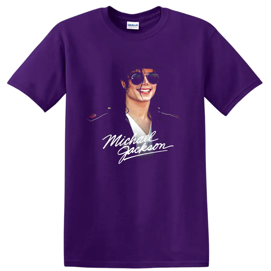 Michael Jackson portrait with fedora, sunglasses, and signature lettering on a Purple T Shirt