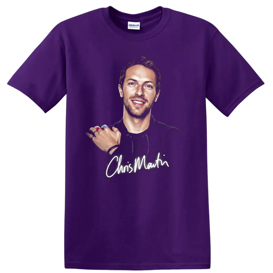 Chris Martin illustrated portrait with white signature-style script on a Purple T Shirt