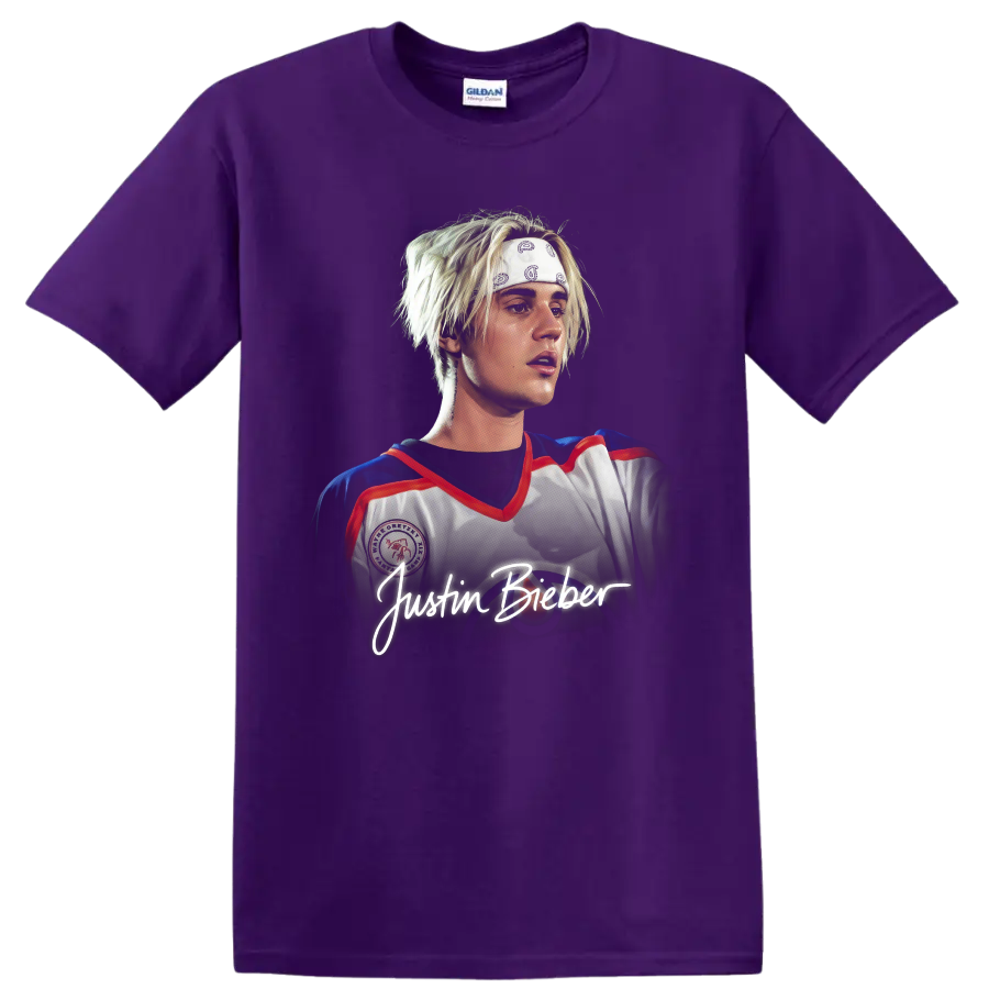 Justin Bieber portrait in hockey jersey with handwritten name graphic on a Purple T Shirt