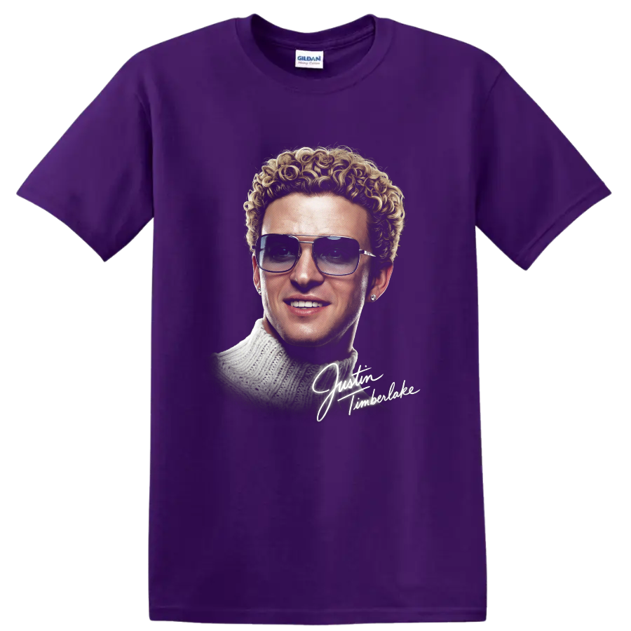 Justin Timberlake NSYNC portrait graphic with signature lettering on a Purple T Shirt