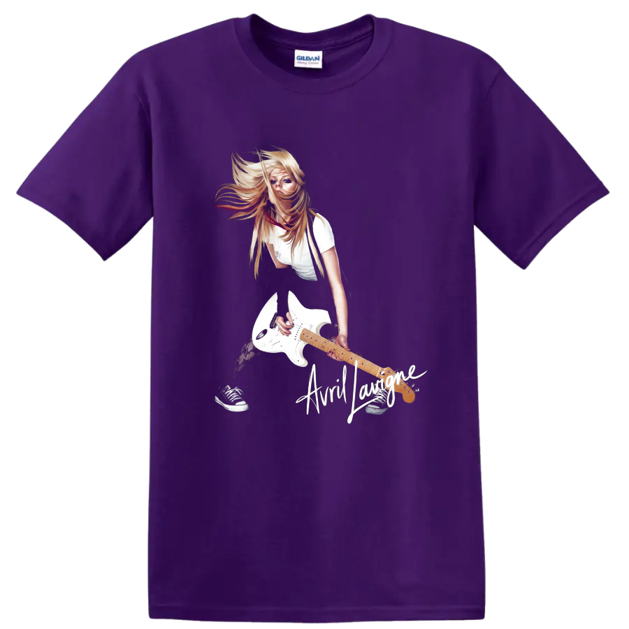 Avril Lavigne pop-punk guitarist with white electric guitar graphic on a Purple T Shirt