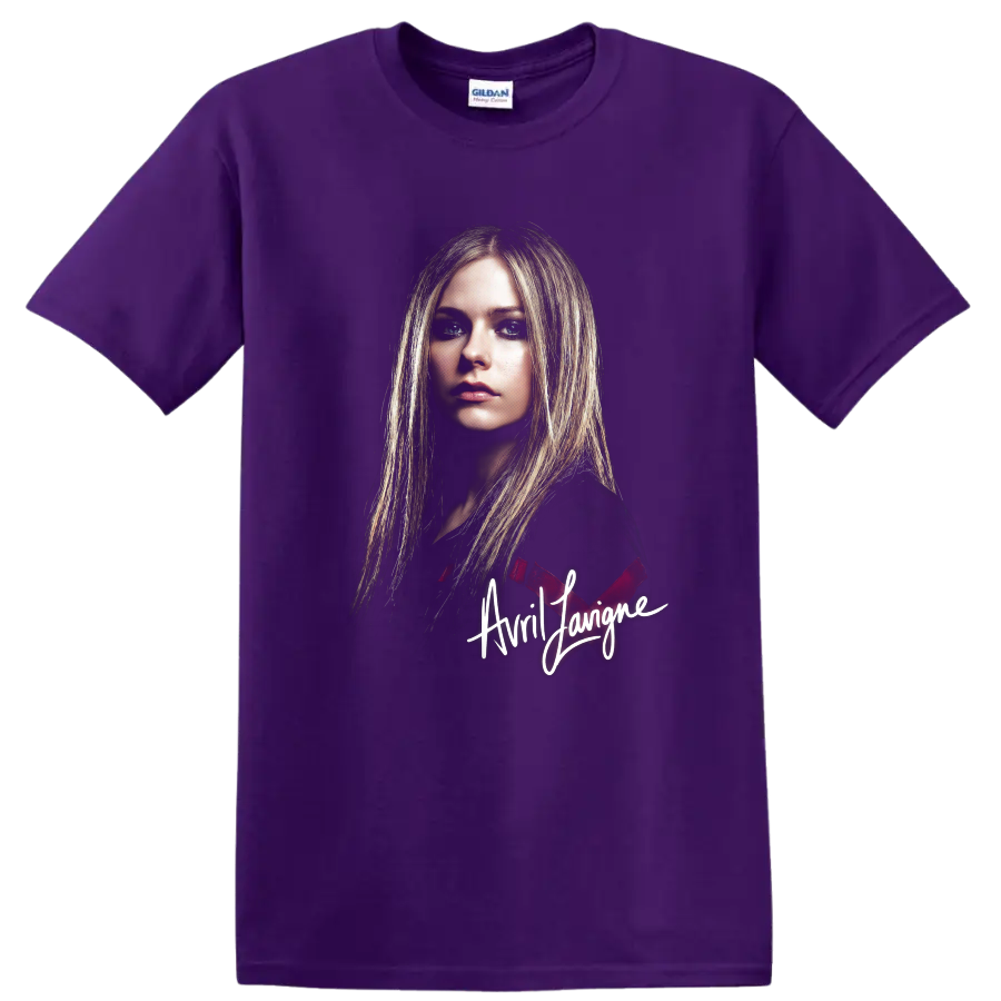 Avril Lavigne pop-punk portrait fan art with signature text on a Purple T Shirt