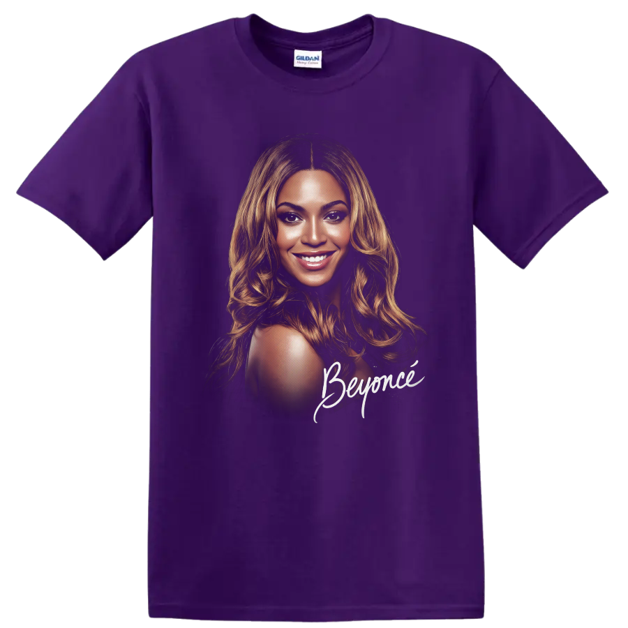 Beyoncé portrait fan art with signature-style lettering on a Purple T Shirt