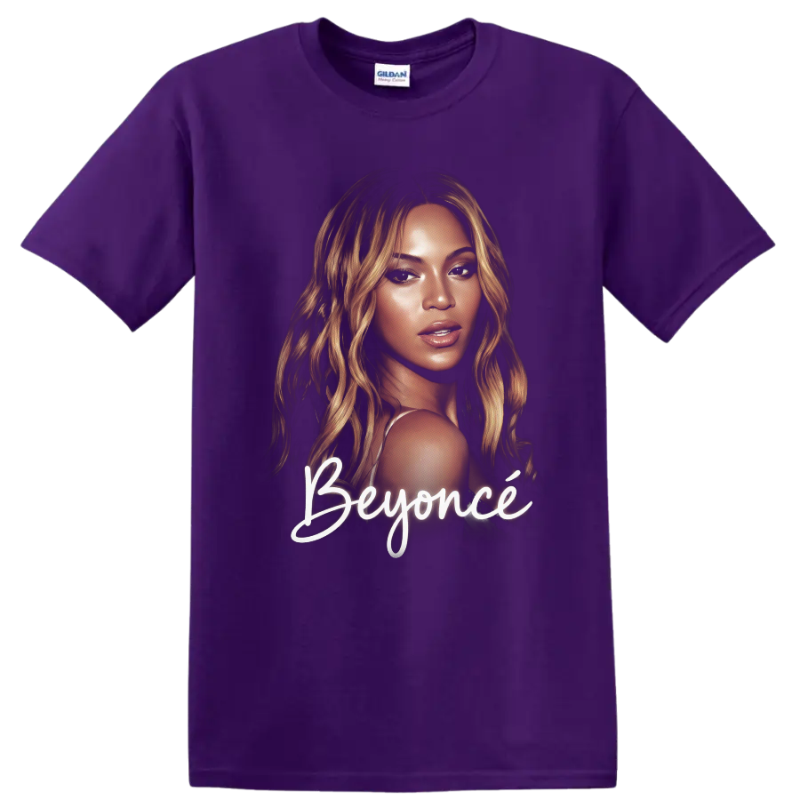 Beyoncé portrait graphic with white script lettering on a Purple T Shirt