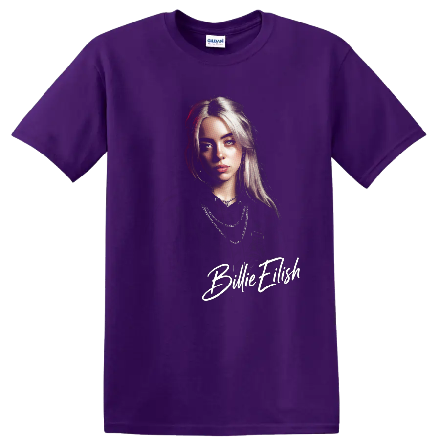 Billie Eilish portrait digital fan art with white script lettering on a Purple T Shirt