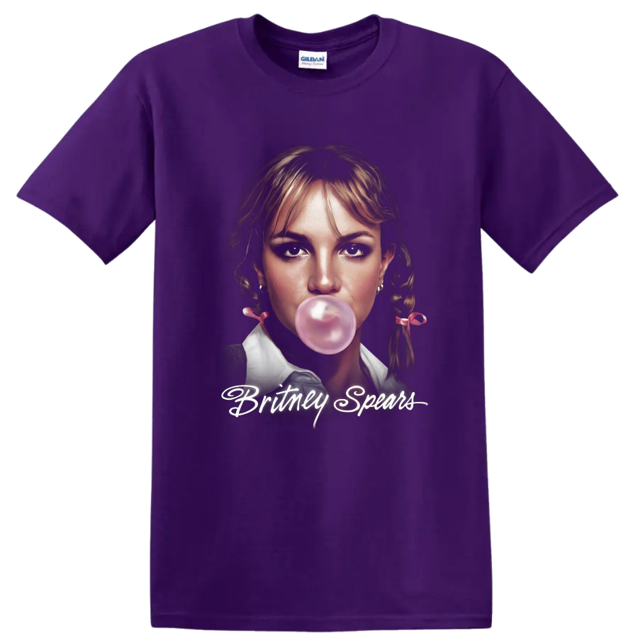 Britney Spears portrait fan art with pink bubblegum and script lettering on a Purple T Shirt