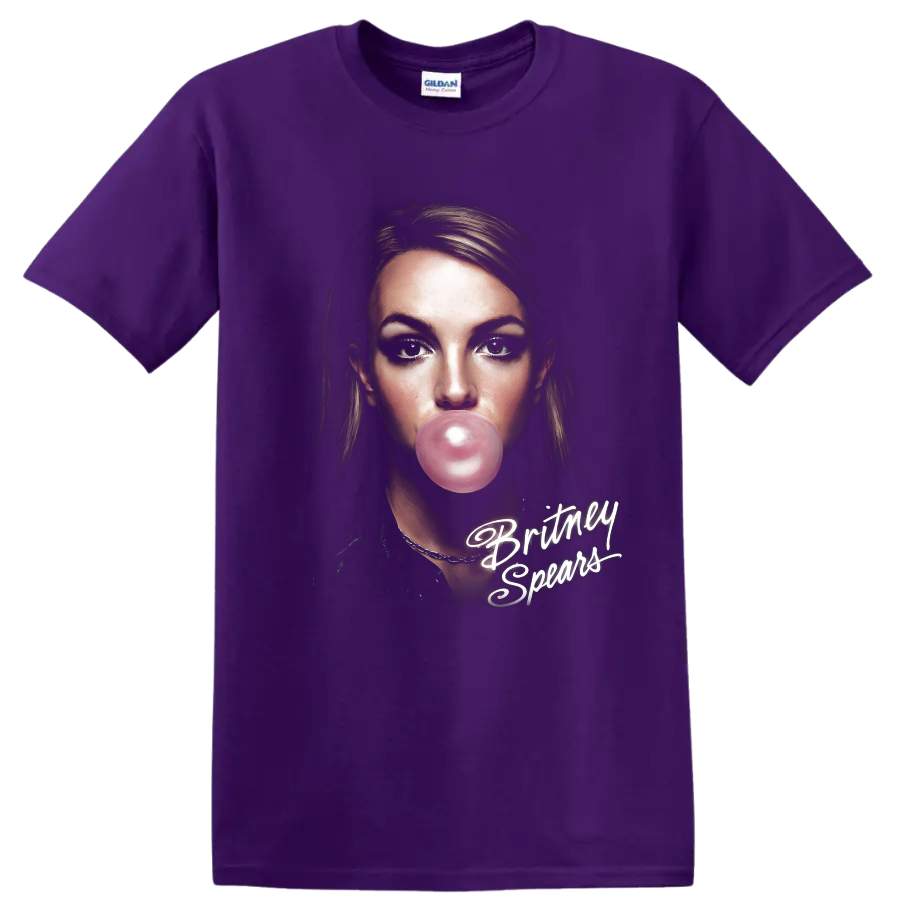 Britney Spears digital portrait with pink bubble gum and white script on a Purple T Shirt