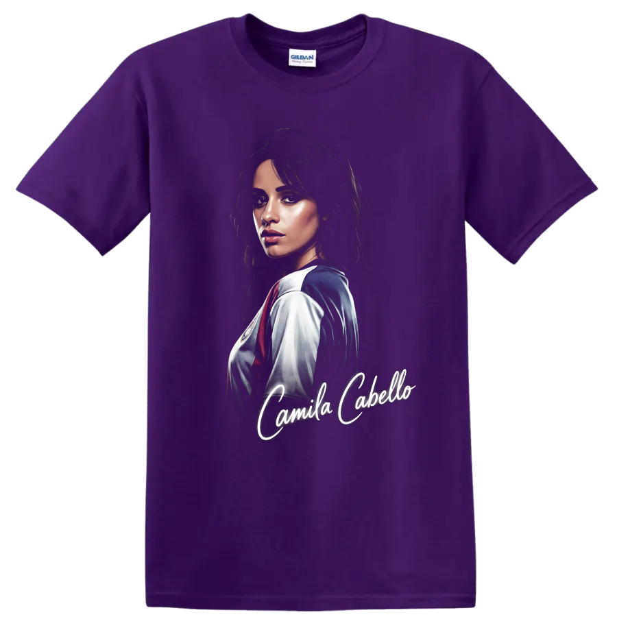 Camila Cabello illustrated portrait with glowing script name on a Purple T Shirt