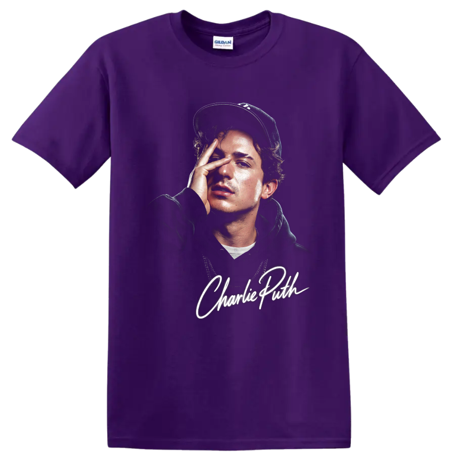 Charlie Puth digital portrait with white signature lettering on a Purple T Shirt
