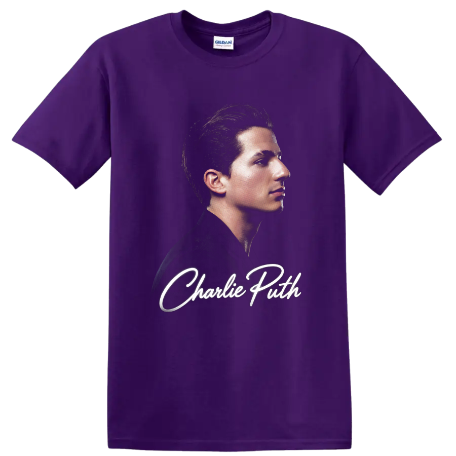 Charlie Puth side-profile portrait with white script lettering on a Purple T Shirt