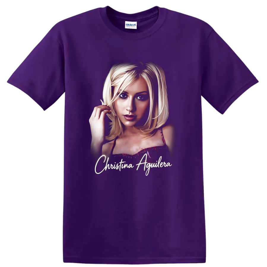 Christina Aguilera portrait autograph poster graphic with name text on a Purple T Shirt