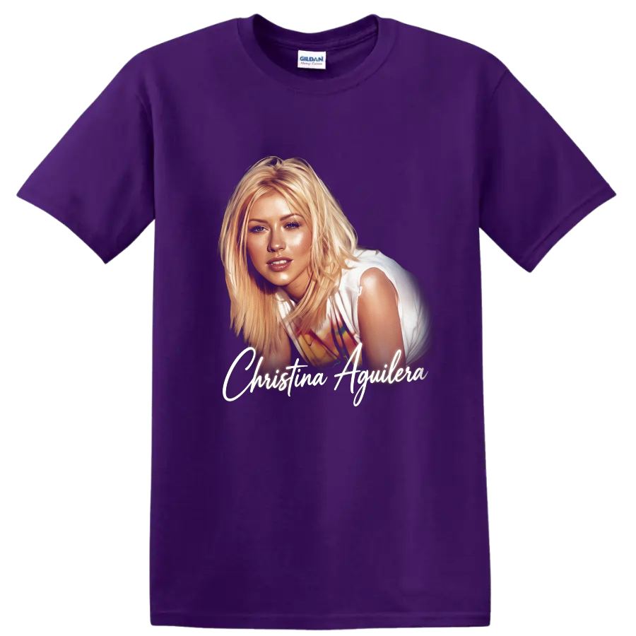 Christina Aguilera signed pop-art portrait with white script lettering on a Purple T Shirt