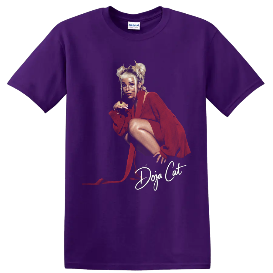 Doja Cat red pop star portrait fan art with white script lettering on a Purple T Shirt