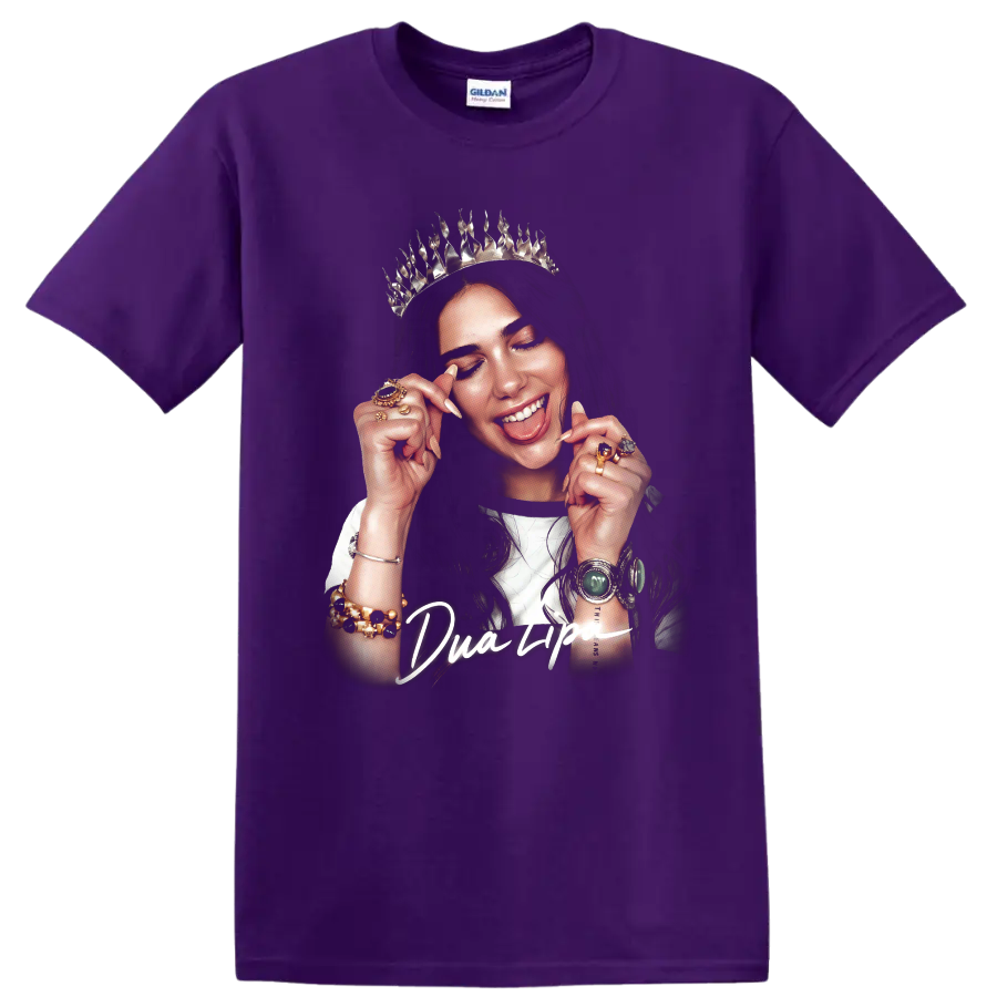 Dua Lipa crowned artistic portrait with jewelry and bold script on a Purple T Shirt