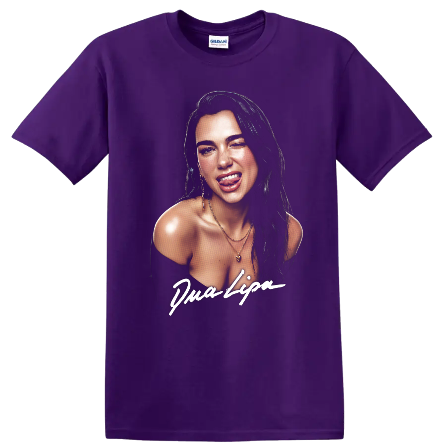 Dua Lipa digital art portrait with bold white script lettering on a Purple T Shirt