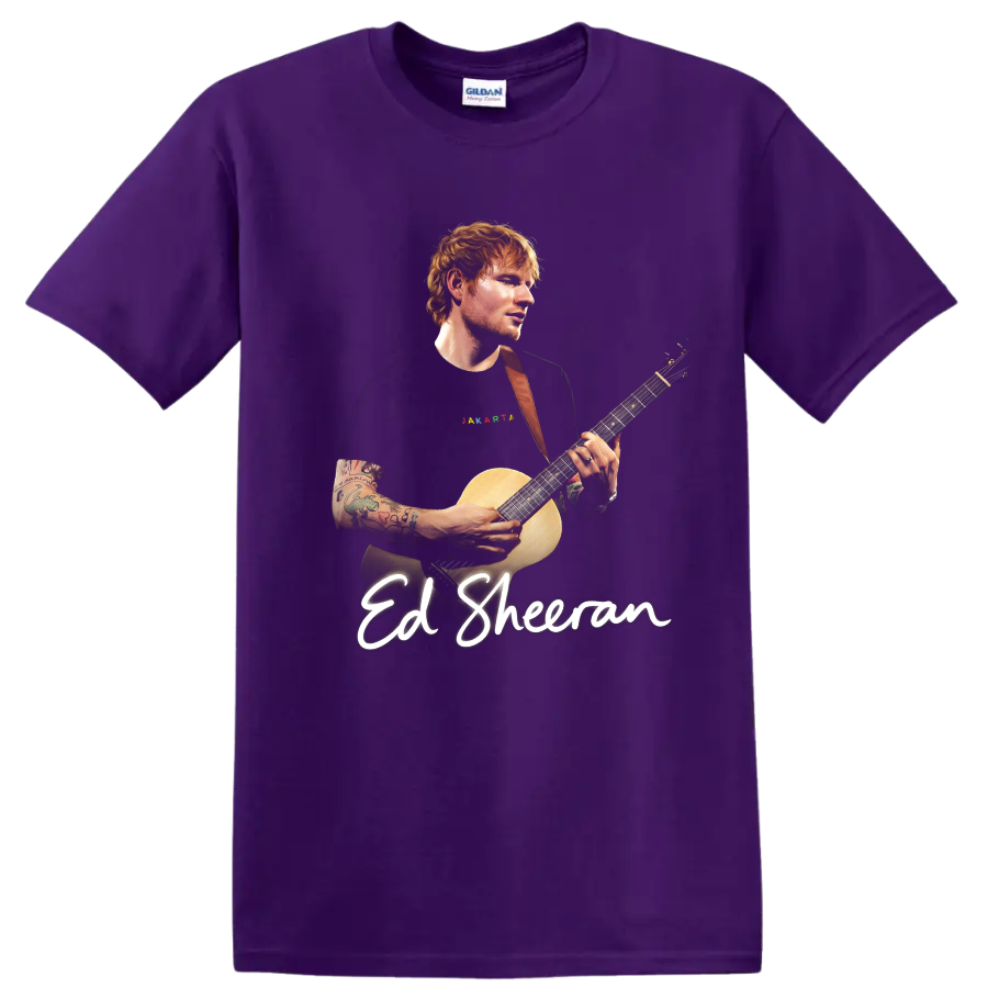 Ed Sheeran playing acoustic guitar with script name lettering on a Purple T Shirt