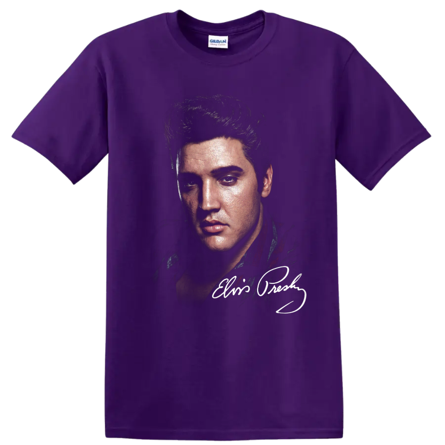 Elvis Presley vintage pencil-style portrait with signature accent on a Purple T Shirt