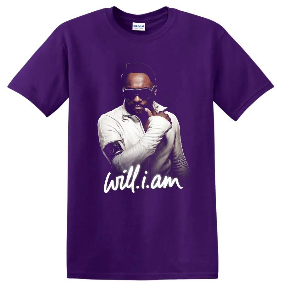 will.i.am portrait graphic with sunglasses and white will.i.am script on a Purple T Shirt