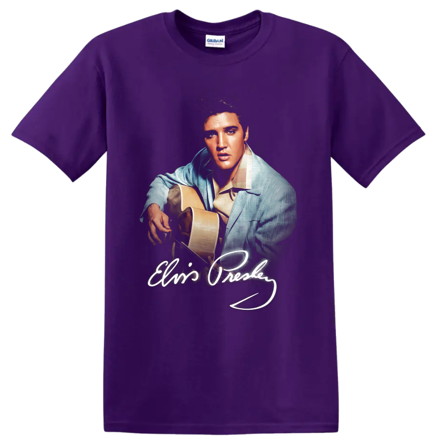 Elvis Presley guitar portrait pop-art design with signature on a Purple T Shirt
