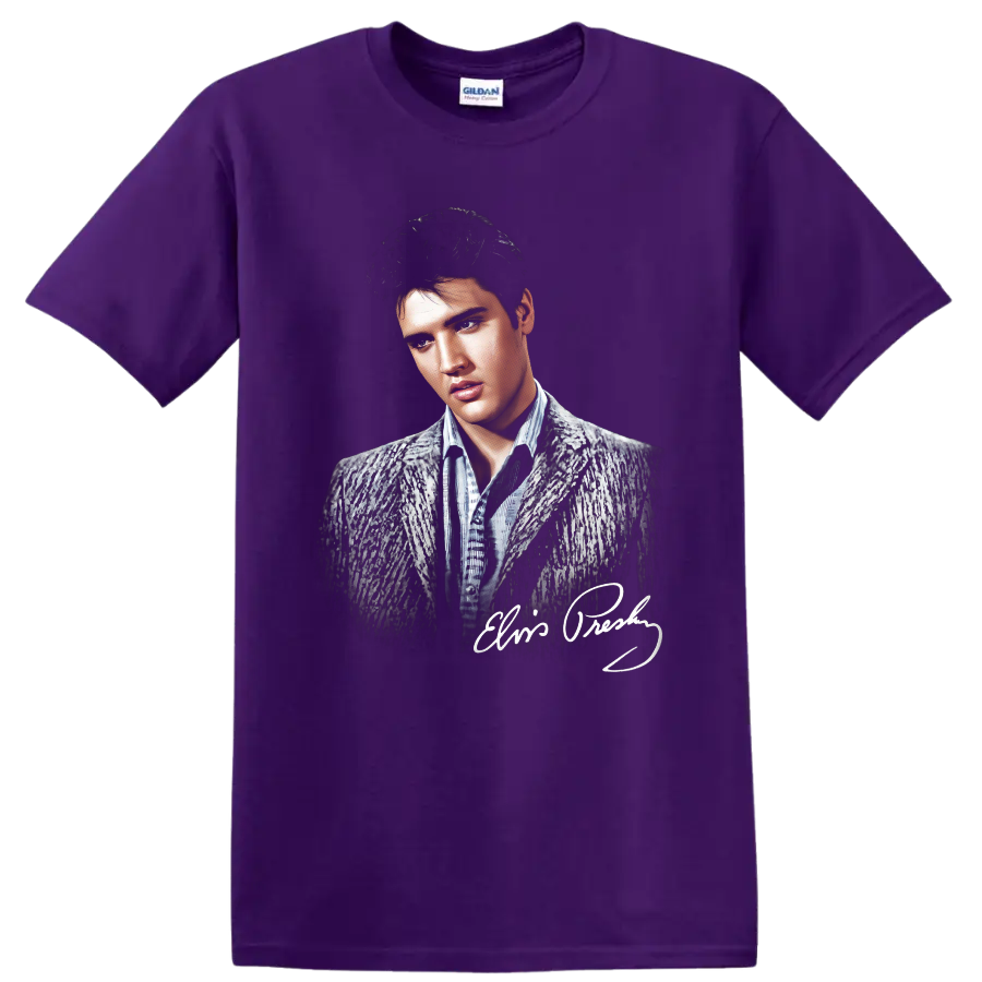 Monochrome Elvis Presley portrait with signature-style graphic on a Purple T Shirt