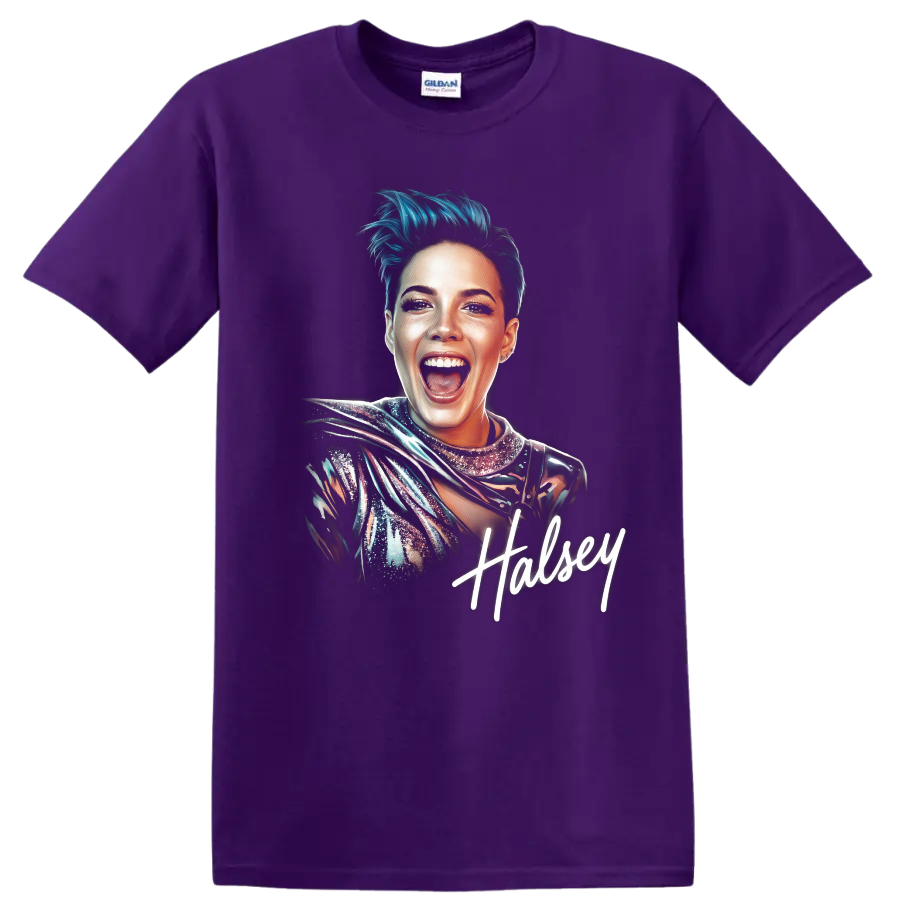 Halsey pop-art portrait with teal hair and handwritten signature on a Purple T Shirt