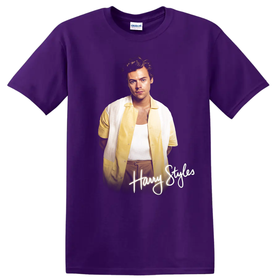 Harry Styles portrait with handwritten Harry Styles lettering on a Purple T Shirt